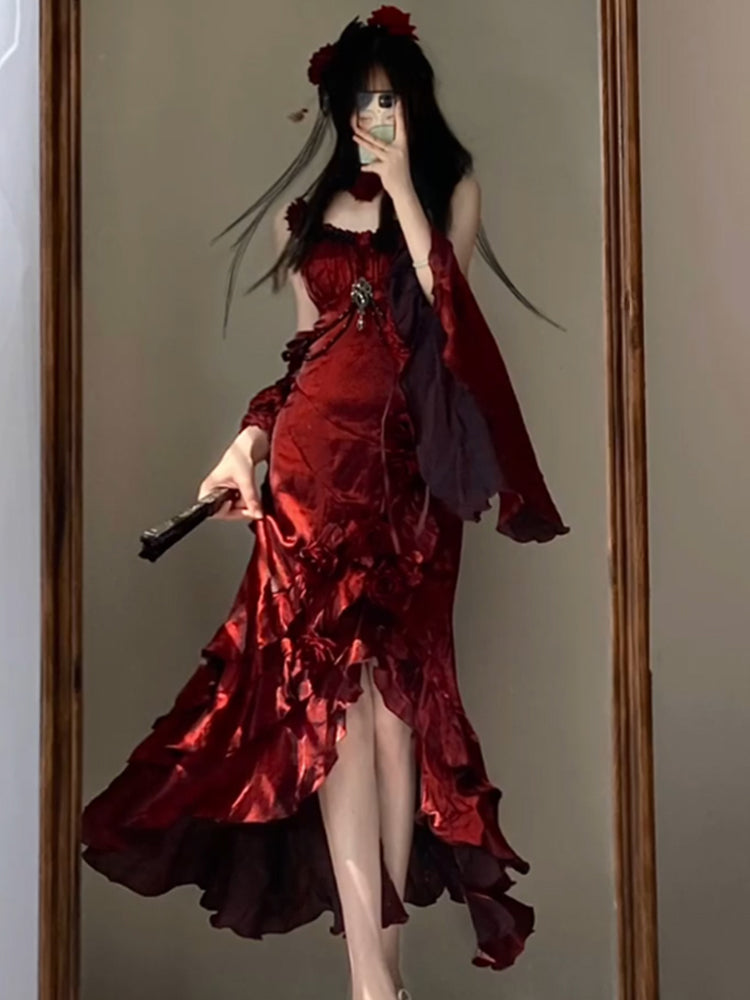 Vestido de cumpleaños estilo lolita, color burdeos, con mangas, para verano, para 18 años, W1007