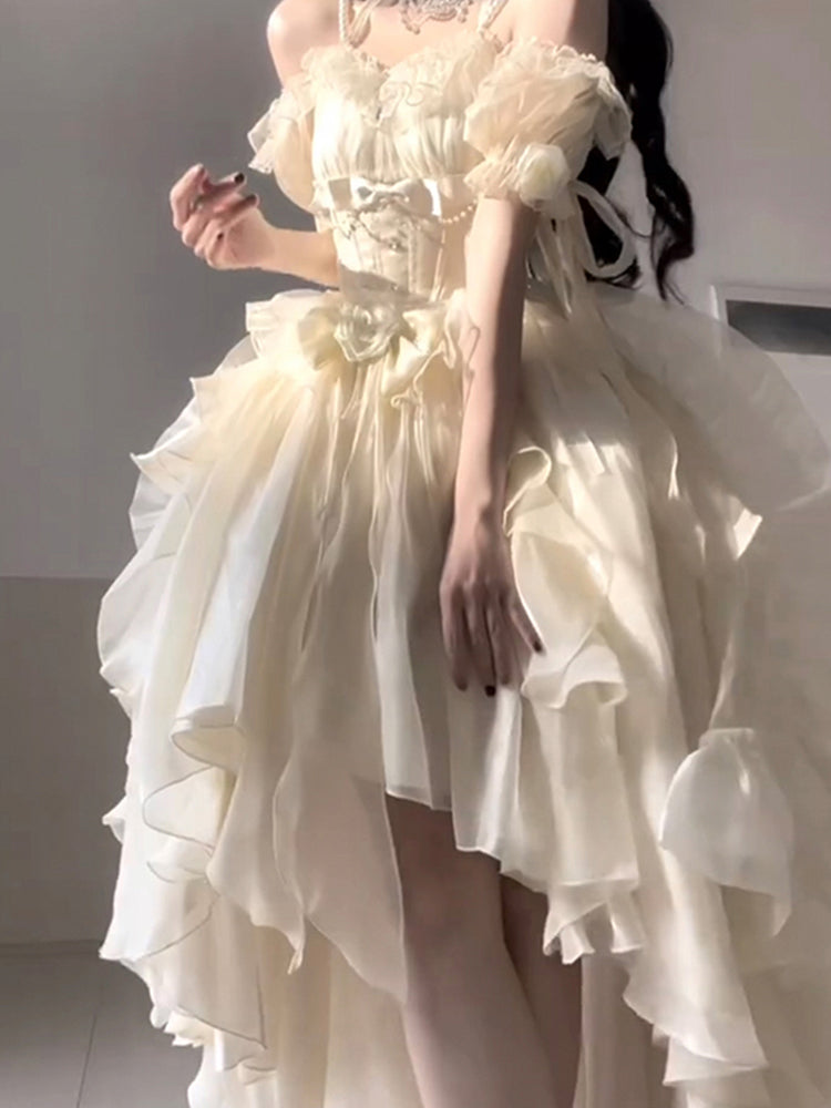 Vestido vintage de gasa con hombros descubiertos, mangas cortas y corte alto para cumpleaños número 16, estilo lolita, W1130