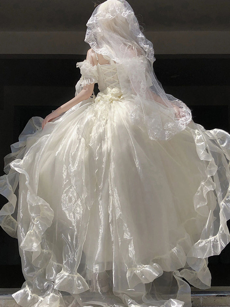 Vestido de princesa con hombros descubiertos, mangas cortas, color marfil, floral, de gasa, para 16 cumpleaños, vestido lolita, atuendos para 18 cumpleaños, W1137