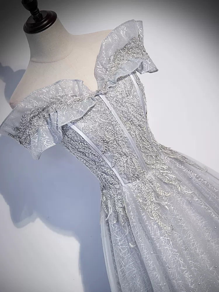 Off The Shoulder Silver Sequin Prom Dresses SH148