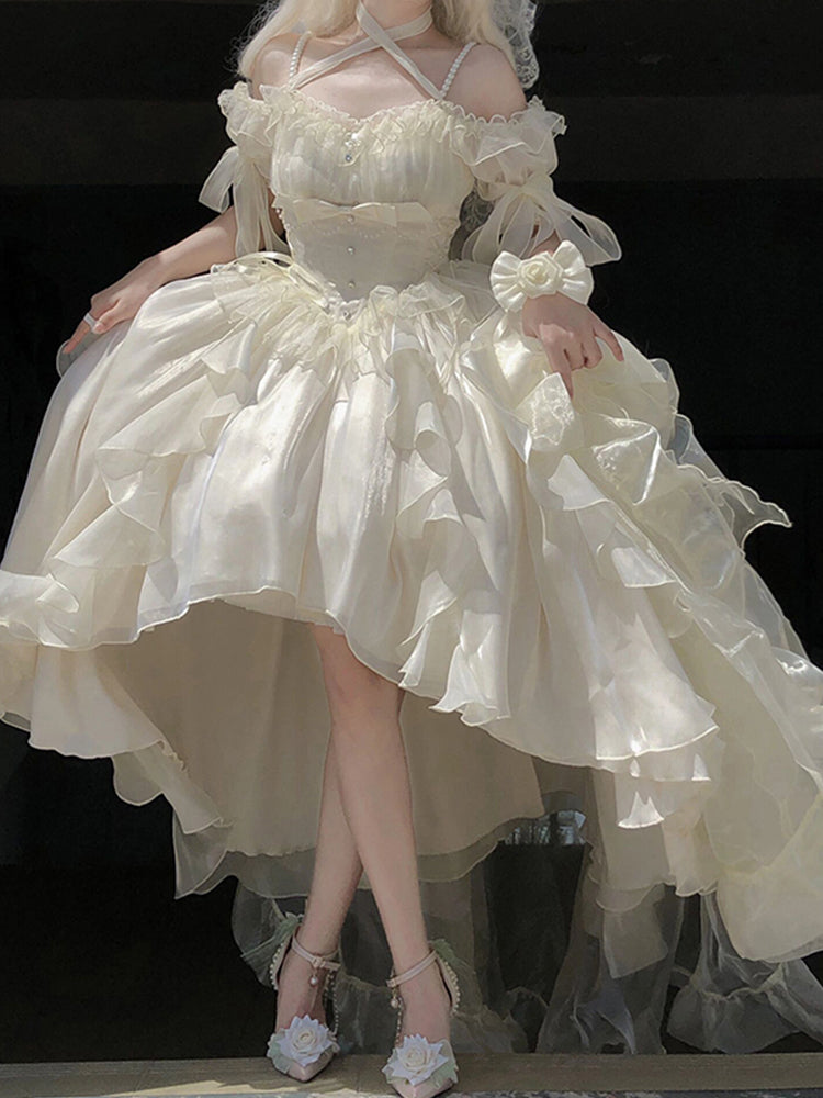 Vestido de princesa con hombros descubiertos, mangas cortas, color marfil, floral, de gasa, para 16 cumpleaños, vestido lolita, atuendos para 18 cumpleaños, W1137
