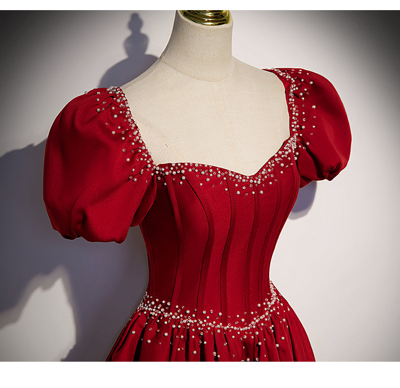 Princess Satin Short Sleeves Long Red Prom Dresses SH040