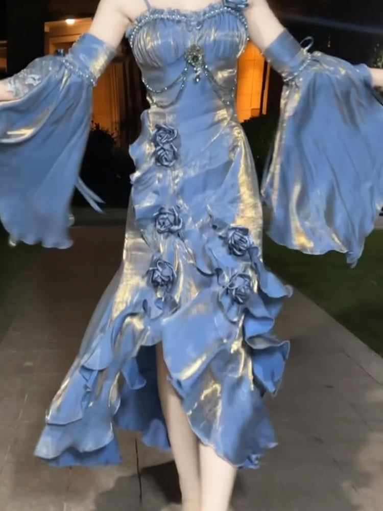 Vestido largo de verano estilo sirena con tirantes finos, estilo lolita, para 18 cumpleaños, estilo vintage, color azul, W1225