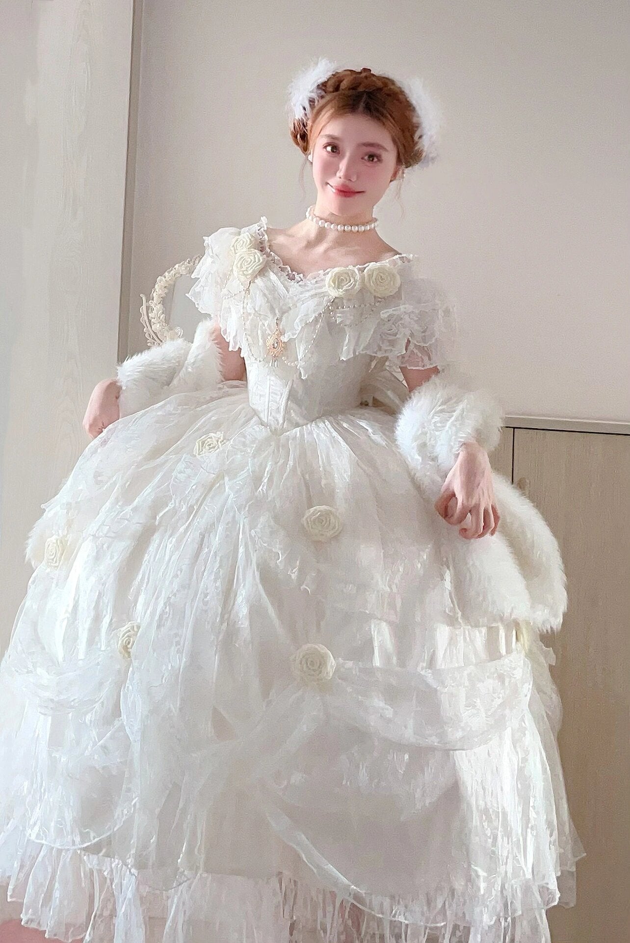 Retro Ball Gown Off The Shoulder Short Sleeves White Rose Floral 16th Chiffon Birthday Dress Lolita Dress 18th Birthday Outfits W1245