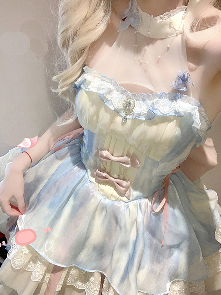 Vestido de fiesta vintage con cuello halter y encaje, minivestido de verano para 18 cumpleaños, vestido lolita, atuendos de cumpleaños W1247