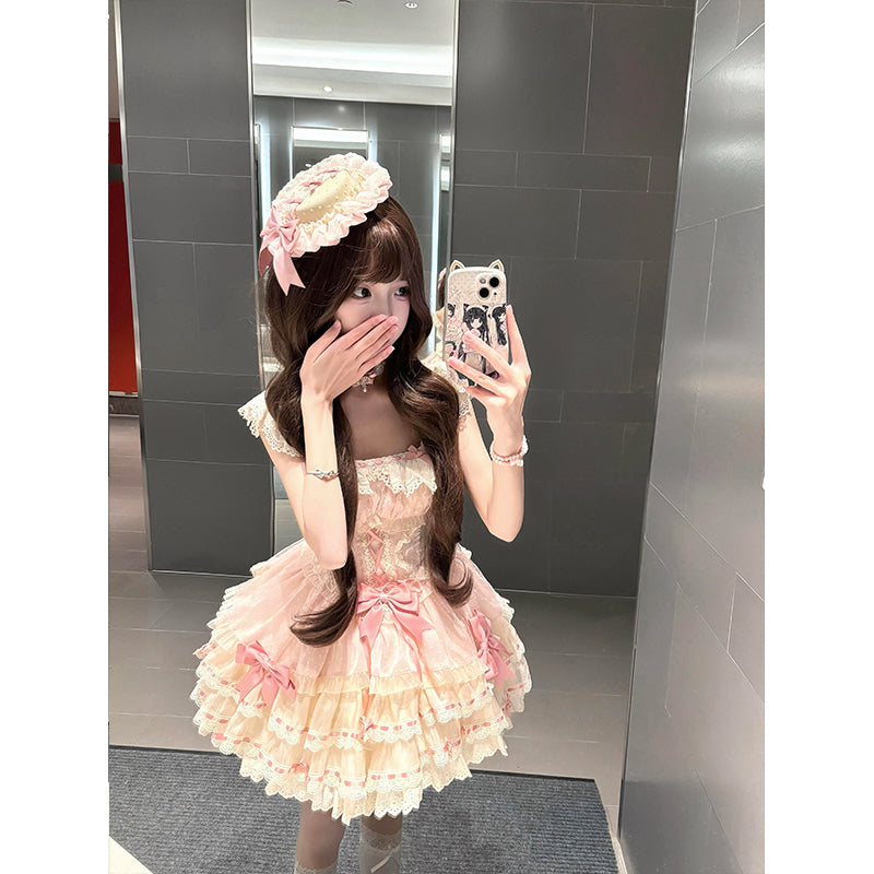 Vestido de fiesta corto de encaje rosa con escote cuadrado, vestido de verano para 18 cumpleaños, vestido lolita, atuendos de cumpleaños W1249