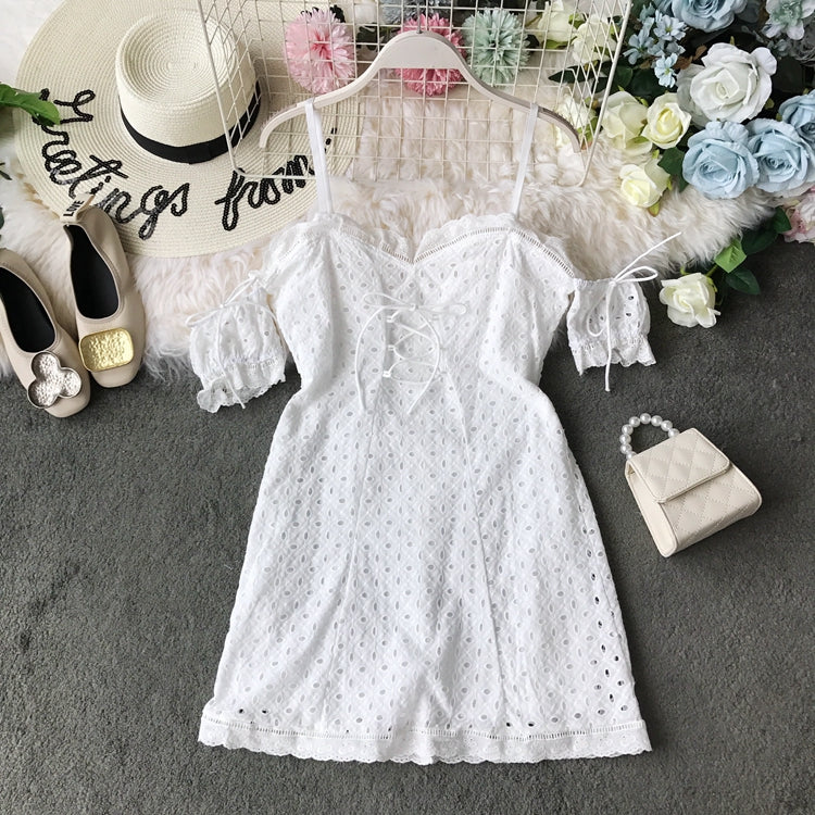 Off shoulder lace cut-out lace strap slim off shoulder dress 3725