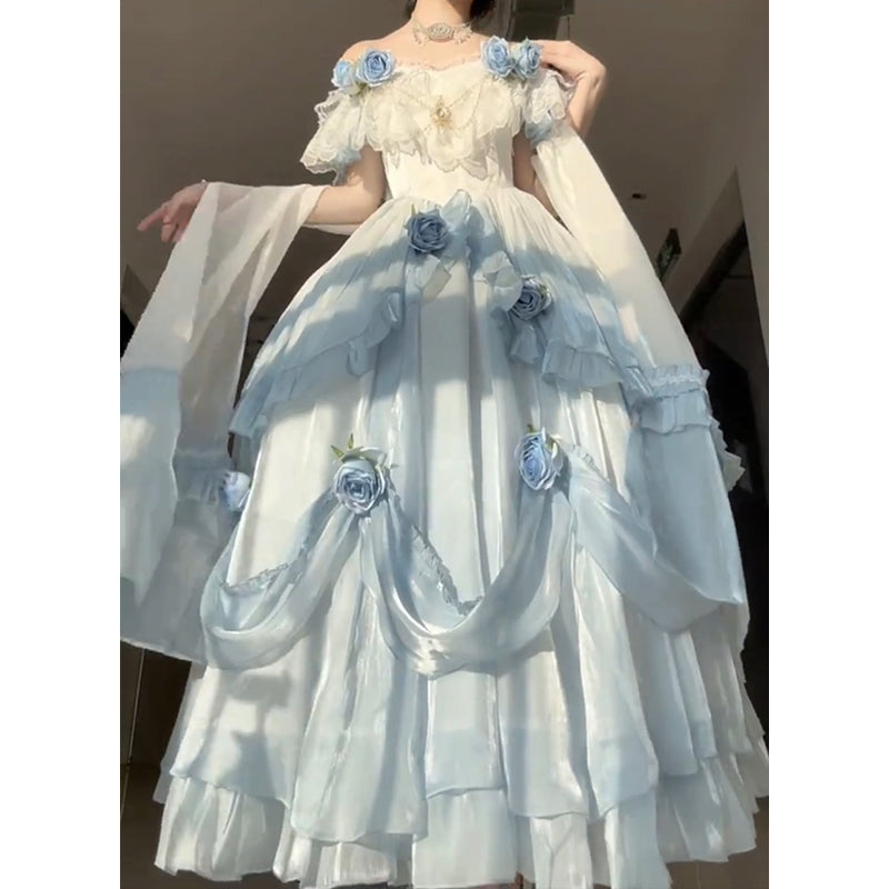 Vestido de fiesta vintage con hombros descubiertos y mangas cortas para 16 cumpleaños, vestido azul de lolita de verano, atuendos para 18 cumpleaños W1134