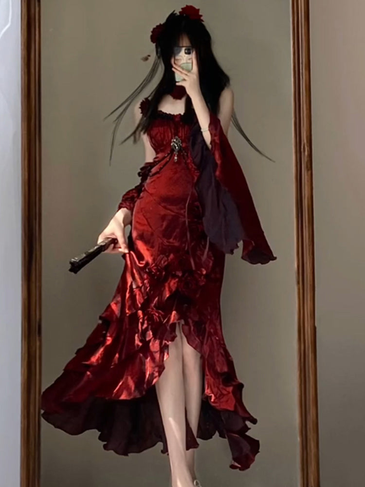 Vestido de cumpleaños estilo lolita, color burdeos, con mangas, para verano, para 18 años, W1007