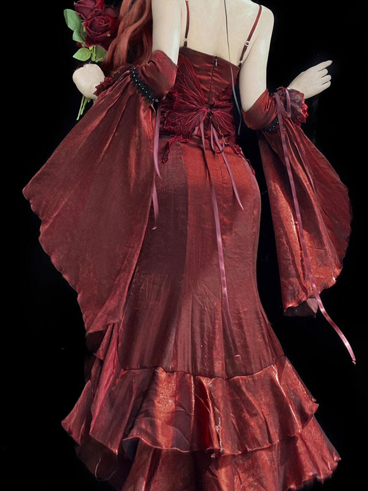 Vestido vintage de sirena con tirantes finos, color burdeos, para verano, para 18 años, color vino tinto, con mangas, para cumpleaños, estilo lolita, W1123