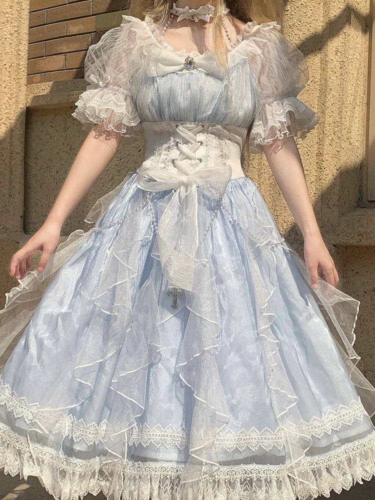 Vestido de tul azul con encaje y mangas cortas para 16 cumpleaños, corte A, estilo lolita, para verano, W1138