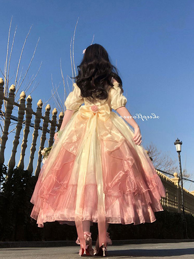 Vestido de fiesta vintage con hombros descubiertos, mangas cortas, para cumpleaños número 16, color rosa degradado, vestido lolita, atuendos de cumpleaños W1136