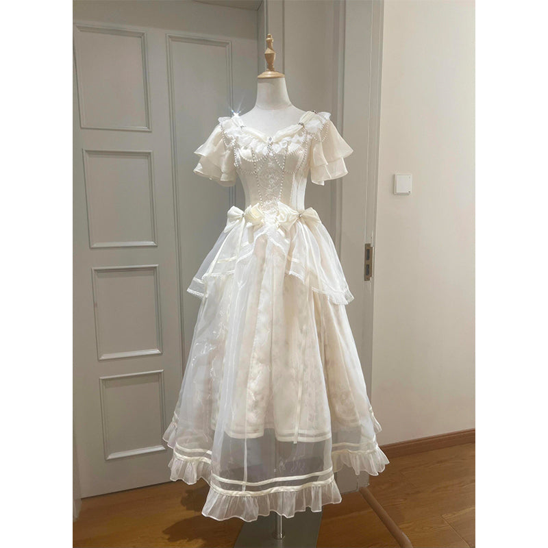 Vestido vintage de verano para 18 años, corte A, escote corazón, color marfil, con mangas, estilo lolita, W1127