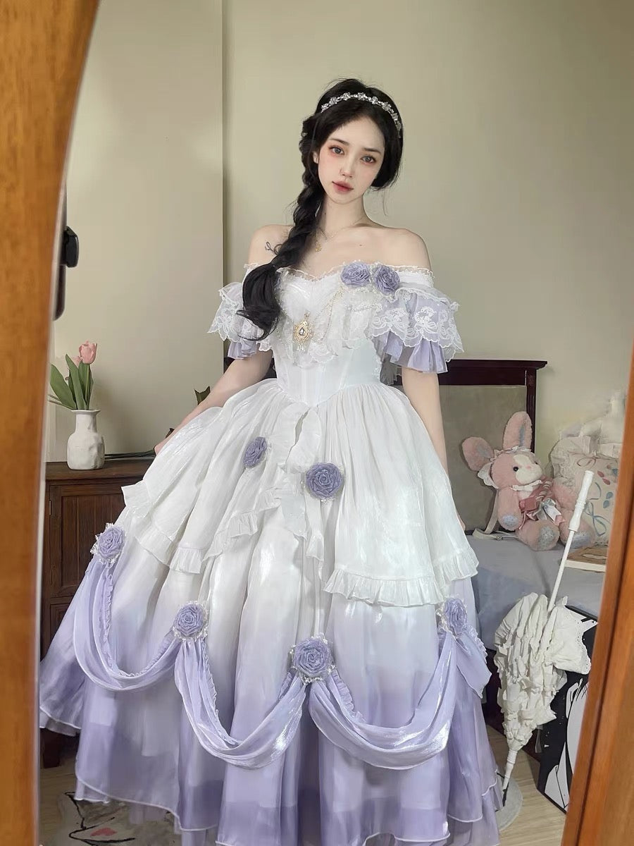 Vestido de fiesta vintage con hombros descubiertos y mangas cortas para 16 cumpleaños, color lila, estilo lolita de verano, para 18 cumpleaños, W1135
