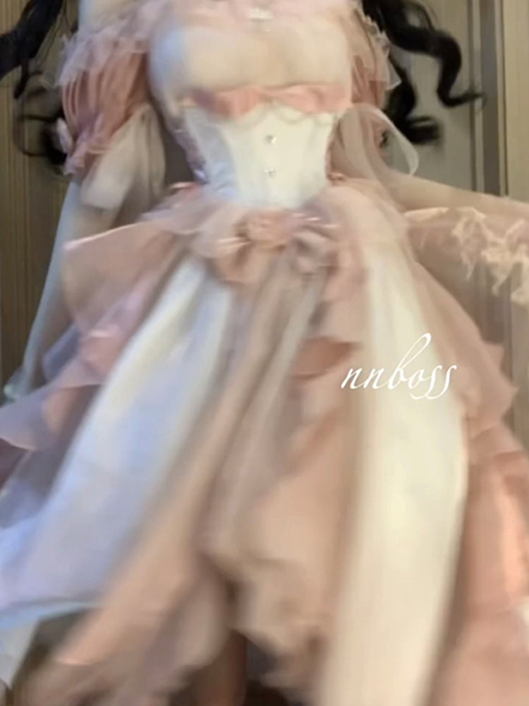 Vestido de princesa con hombros descubiertos, mangas cortas, estampado floral rosa degradado, de gasa para 16 cumpleaños, vestido lolita, atuendos para 18 cumpleaños W1197