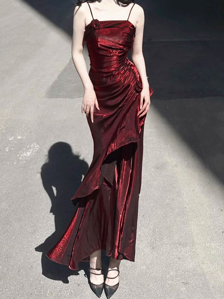 Vestido largo estilo sirena vintage con tirantes finos en color burdeos para 18 cumpleaños, estilo lolita, W1217