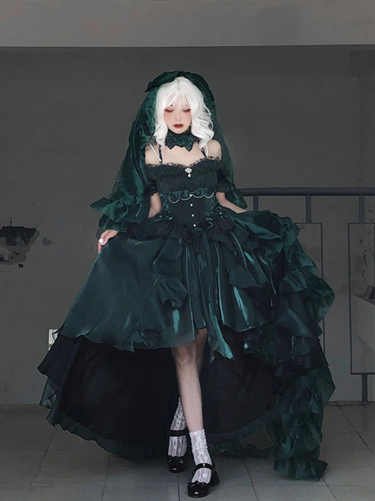 Vestido de princesa con hombros descubiertos, mangas cortas, verde oscuro, alto bajo, floral, de gasa para cumpleaños número 16, vestido lolita, atuendos para cumpleaños número 18, W1199
