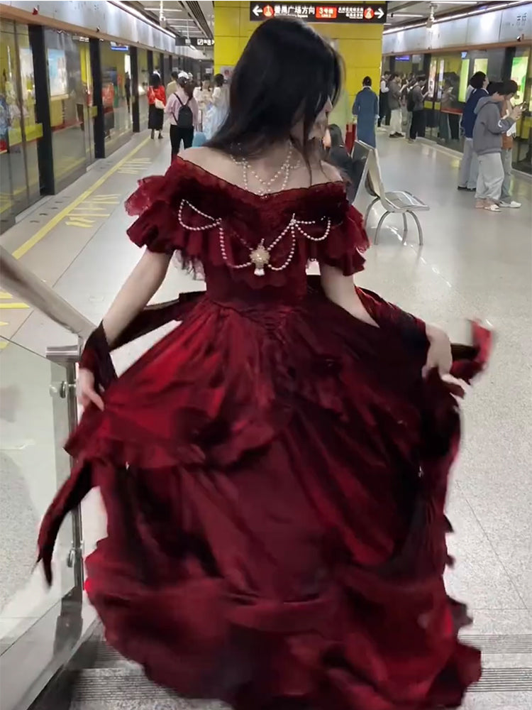 Vestido de fiesta retro con hombros descubiertos, mangas cortas, estampado floral burdeos, de gasa para 16 cumpleaños, vestido lolita, atuendos para 18 cumpleaños W1204