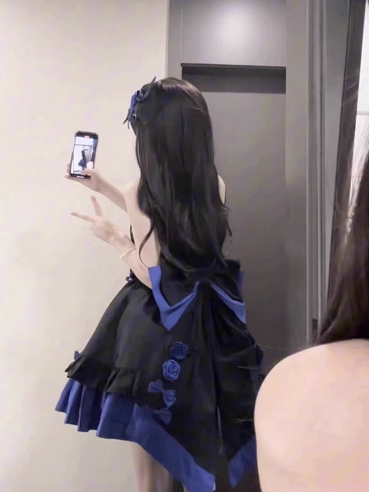 Vestido de fiesta retro con tirantes, corto, azul rey, minivestido floral para 16.º cumpleaños, vestido lolita, atuendos para 18.º cumpleaños W1211