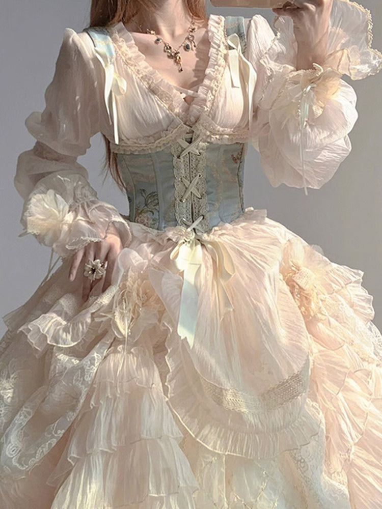 Vestido de fiesta retro con escote en V y mangas largas, con estampado floral de rosas blancas, de gasa para 16 cumpleaños, estilo lolita, para 18 cumpleaños, W1213