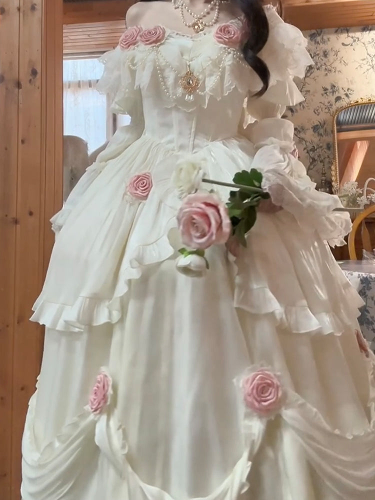 Vestido de fiesta retro con hombros descubiertos, mangas cortas, estampado floral de rosas blancas, de gasa para 16 cumpleaños, vestido lolita, atuendos para 18 cumpleaños W1212