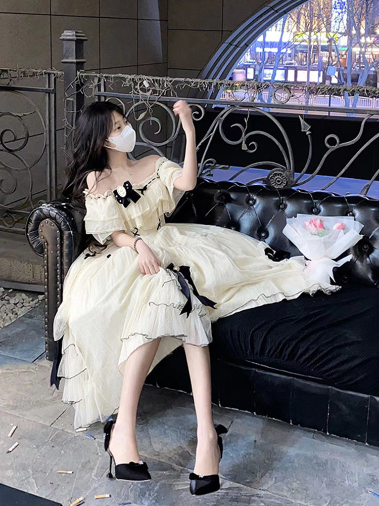 Vestido de fiesta vintage con hombros descubiertos, mangas cortas, tul, para 16 cumpleaños, estilo lolita, W1008