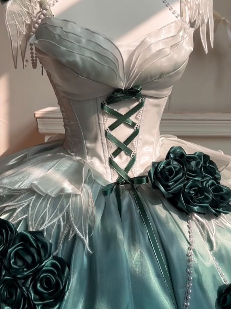 Vestido de fiesta vintage de gasa verde con tirantes finos para 18 cumpleaños, vestido corto lolita verde, atuendos para 18 cumpleaños DH2433