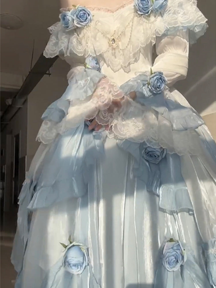 Vestido de fiesta vintage con hombros descubiertos y mangas cortas para 16 cumpleaños, vestido azul de lolita de verano, atuendos para 18 cumpleaños W1134