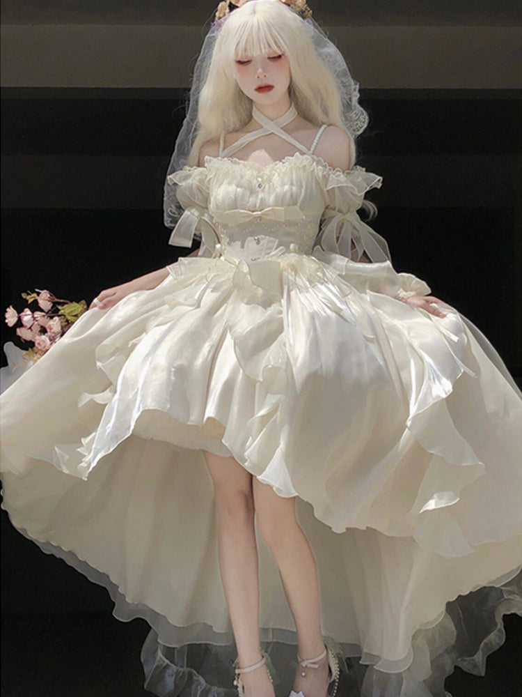 Vestido de princesa con hombros descubiertos, mangas cortas, color marfil, floral, de gasa, para 16 cumpleaños, vestido lolita, atuendos para 18 cumpleaños, W1137