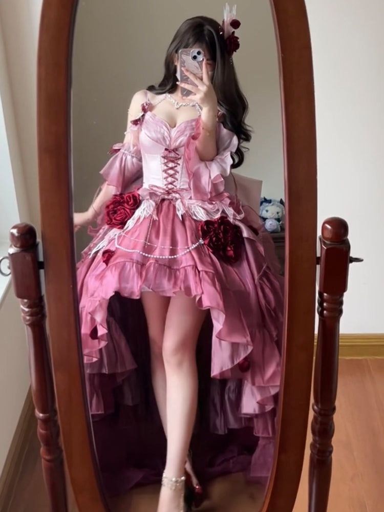 Vestido vintage de fiesta con tirantes finos de gasa para verano, vestido de lolita rosa con degradado, para 18 cumpleaños, DH2415