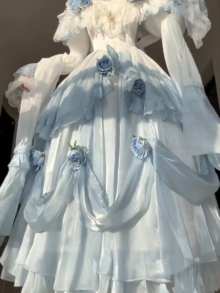 Vestido de fiesta vintage con hombros descubiertos y mangas cortas para 16 cumpleaños, vestido azul de lolita de verano, atuendos para 18 cumpleaños W1134