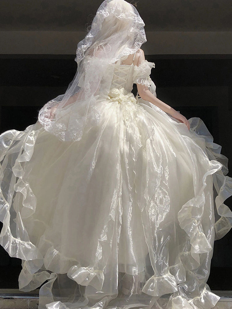 Vestido de princesa con hombros descubiertos, mangas cortas, color marfil, floral, de gasa, para 16 cumpleaños, vestido lolita, atuendos para 18 cumpleaños, W1137