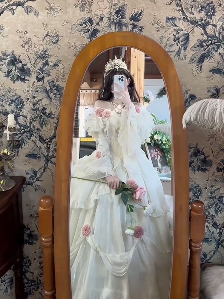 Vestido de fiesta retro con hombros descubiertos, mangas cortas, estampado floral de rosas blancas, de gasa para 16 cumpleaños, vestido lolita, atuendos para 18 cumpleaños W1212