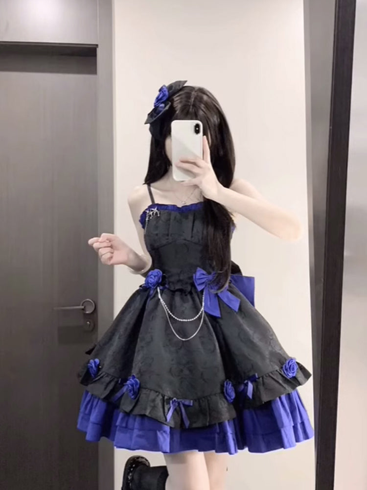 Vestido de fiesta retro con tirantes, corto, azul rey, minivestido floral para 16.º cumpleaños, vestido lolita, atuendos para 18.º cumpleaños W1211