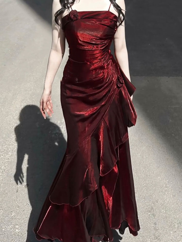 Vestido largo estilo sirena vintage con tirantes finos en color burdeos para 18 cumpleaños, estilo lolita, W1217