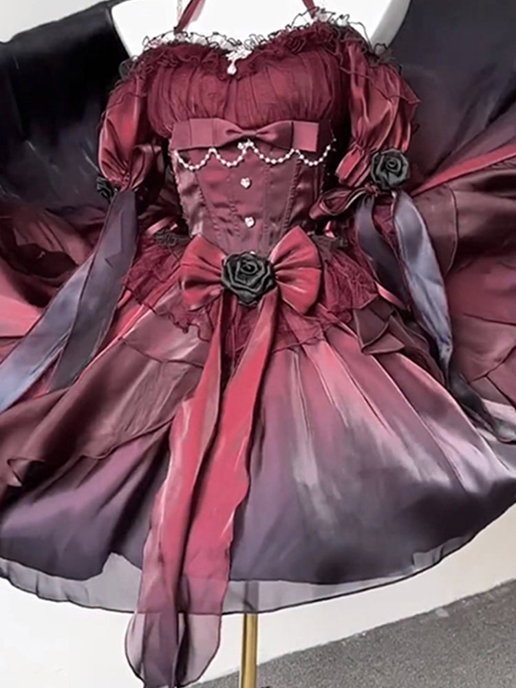 Beautiful High Low Off The Shoulder Short Sleeves Burgundy Rose Floral 16th Chiffon Birthday Dress Lolita Dress 18th Birthday Outfits W1224