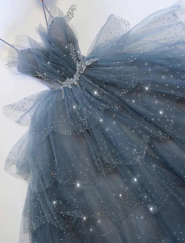 Hermoso vestido de fiesta de tul azul brillante con cuentas, vestido formal escalonado con diamantes de imitación TP01