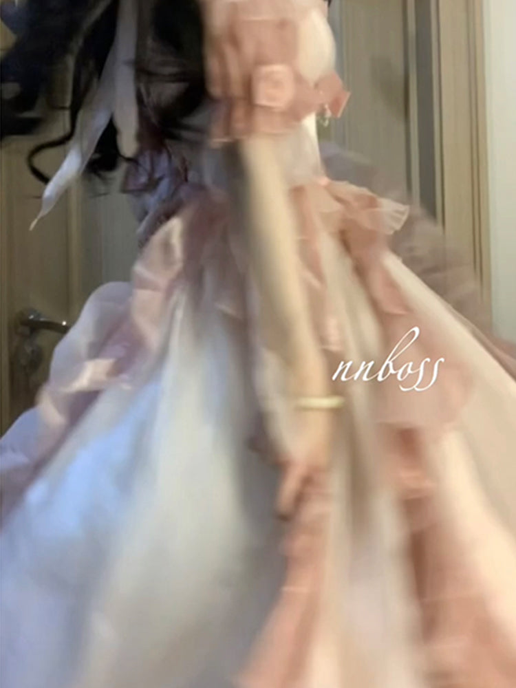 Vestido de princesa con hombros descubiertos, mangas cortas, estampado floral rosa degradado, de gasa para 16 cumpleaños, vestido lolita, atuendos para 18 cumpleaños W1197