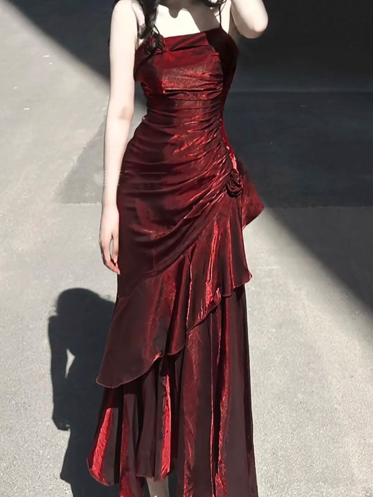 Vestido largo estilo sirena vintage con tirantes finos en color burdeos para 18 cumpleaños, estilo lolita, W1217