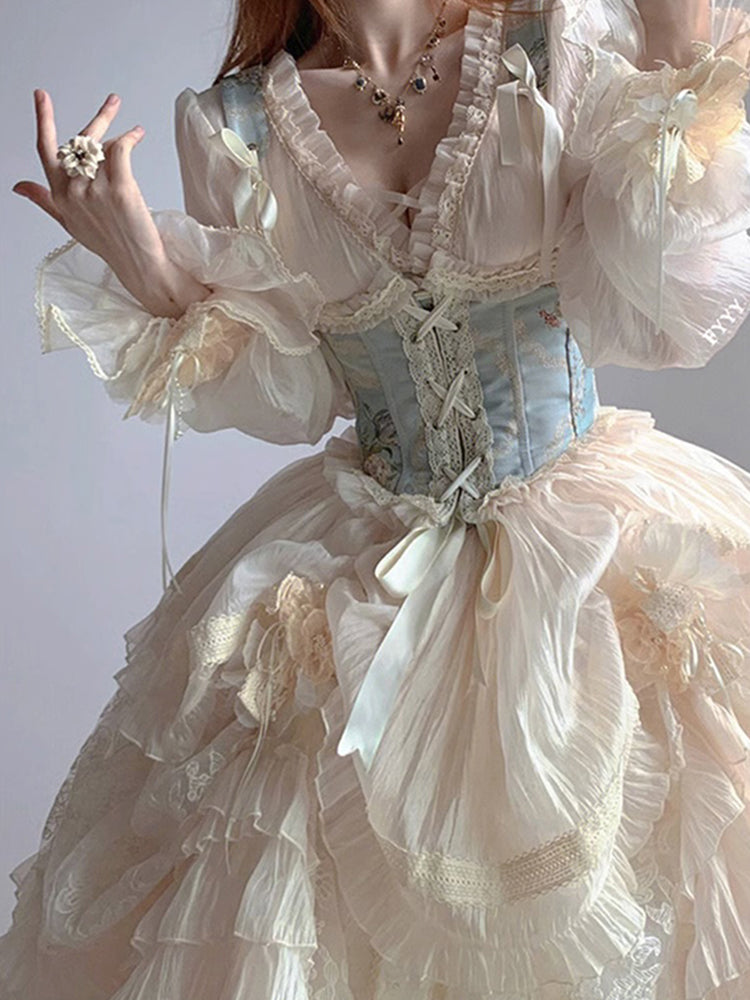 Vestido de fiesta retro con escote en V y mangas largas, con estampado floral de rosas blancas, de gasa para 16 cumpleaños, estilo lolita, para 18 cumpleaños, W1213