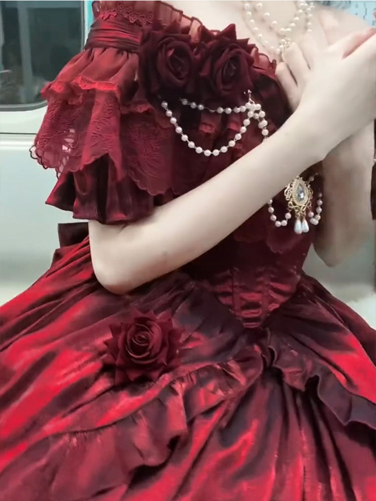 Vestido de fiesta retro con hombros descubiertos, mangas cortas, estampado floral burdeos, de gasa para 16 cumpleaños, vestido lolita, atuendos para 18 cumpleaños W1204