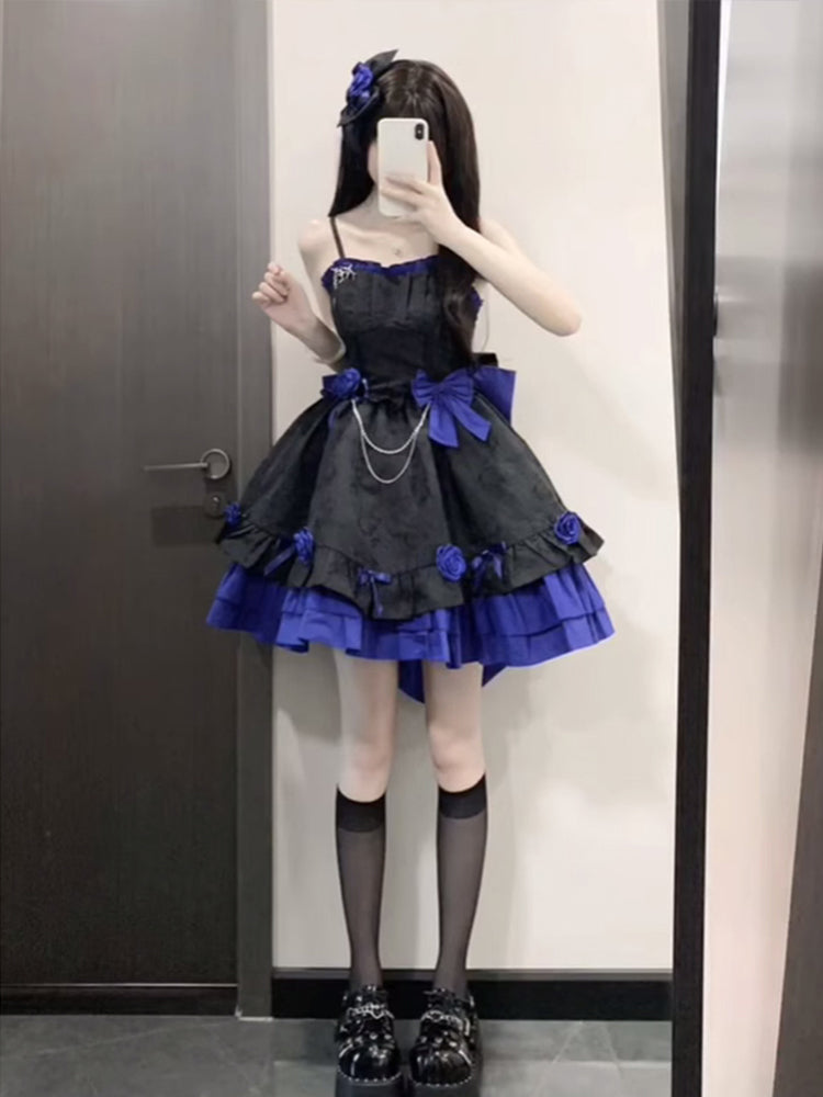 Vestido de fiesta retro con tirantes, corto, azul rey, minivestido floral para 16.º cumpleaños, vestido lolita, atuendos para 18.º cumpleaños W1211
