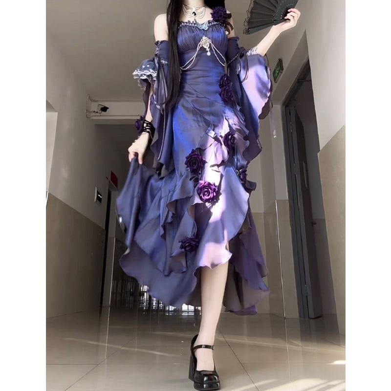 Vestido vintage de satén con tirantes finos, color uva, para 16 cumpleaños, estilo lolita, W1200
