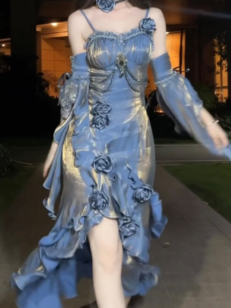 Vestido largo de verano estilo sirena con tirantes finos, estilo lolita, para 18 cumpleaños, estilo vintage, color azul, W1225