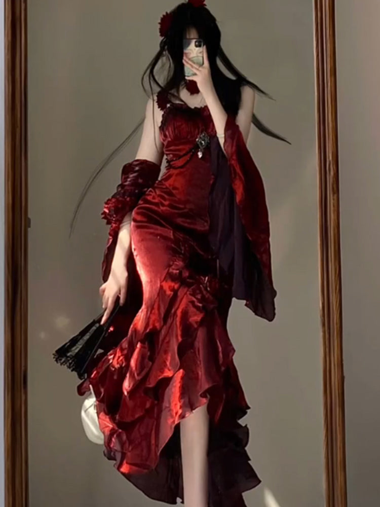 Vestido de cumpleaños estilo lolita, color burdeos, con mangas, para verano, para 18 años, W1007