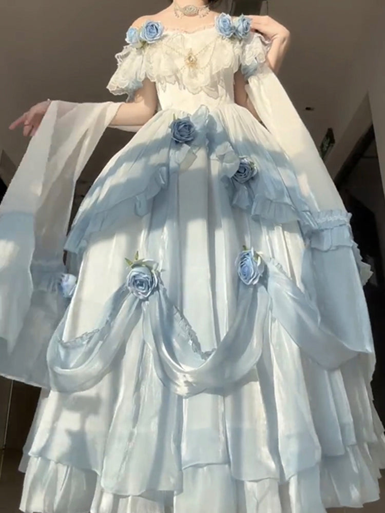Vestido de fiesta vintage con hombros descubiertos y mangas cortas para 16 cumpleaños, vestido azul de lolita de verano, atuendos para 18 cumpleaños W1134