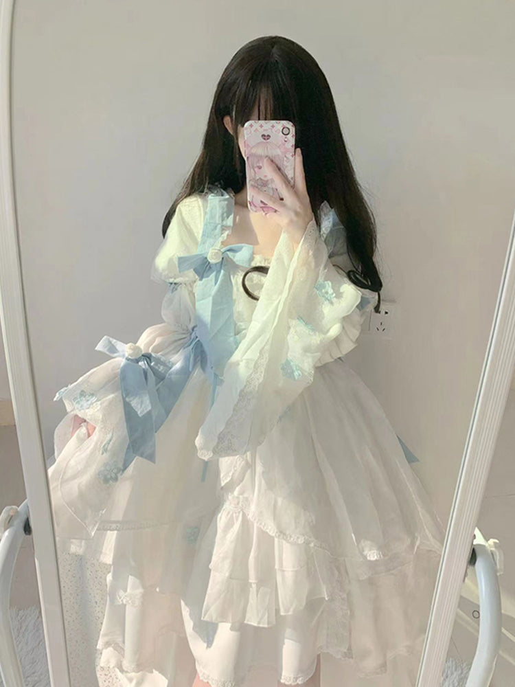 Vestido de fiesta vintage cuadrado de manga larga de gasa blanca para verano, vestido de lolita para 18 cumpleaños, atuendos de cumpleaños W1228