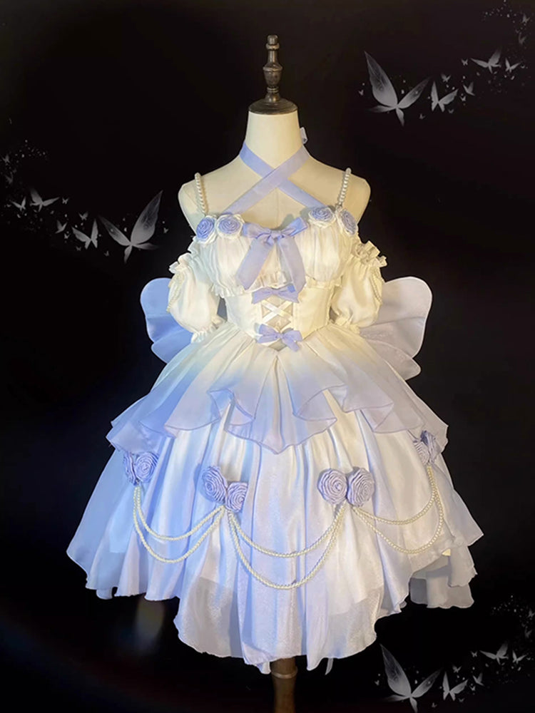 Vestido de fiesta vintage con tirantes finos, corto de gasa, para verano, para 18 cumpleaños, estilo lolita azul con degradado, W1230