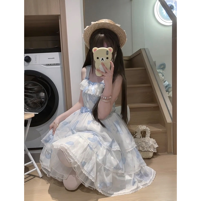 Vestido de fiesta vintage con escote cuadrado, blanco y azul, corto, para verano, para 18 cumpleaños, estilo lolita, W1237
