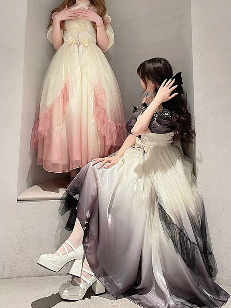 Vestido de fiesta vintage con hombros descubiertos, mangas cortas, para cumpleaños número 16, color rosa degradado, vestido lolita, atuendos de cumpleaños W1232